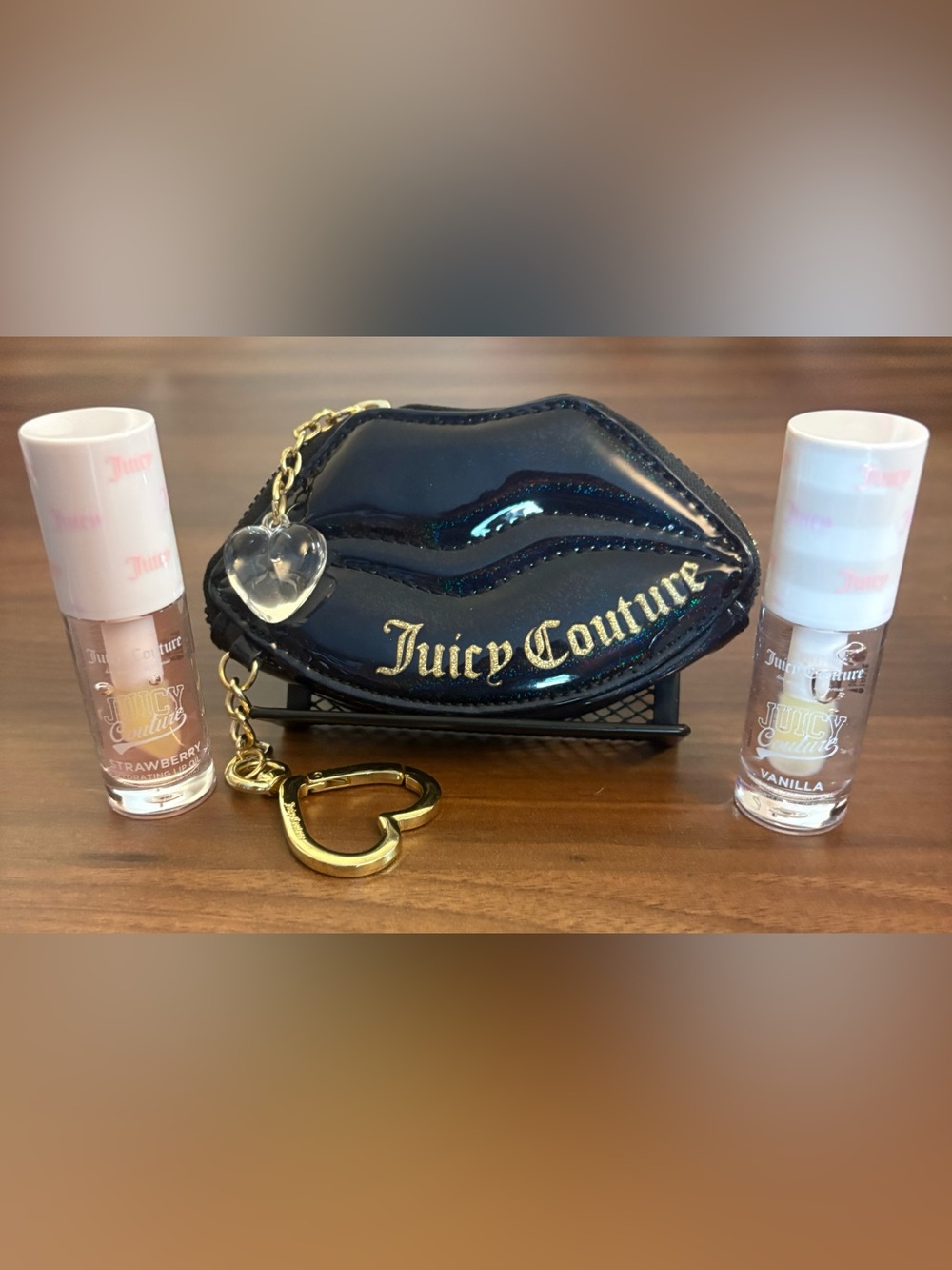 Juicy Couture Black Metallic Navy Lip-Shaped Coin Purse w/Set of 2 Lip Oils